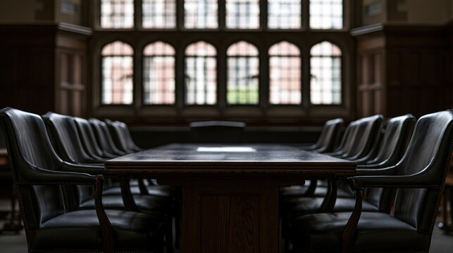 arbitration. A solemn arbitration chamber with empty chairs surrounding a central illuminated table. wellbeing guides, coaching materials, designed for coaching and self-improvement content.
