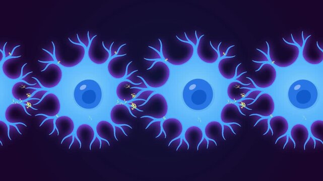 Neuron row fire electric signal discharge in all directions. Brain nerve cell animation