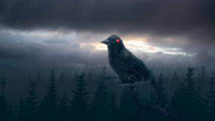 Fototapeta premium A spooky dark crow with a glowing red eye perched on a branch overlooking a misty pine forest under a dramatic cloudy sky. Concept of Halloween. Horror or Halloween background