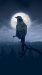 Fototapeta premium A spooky crow with glowing red eyes perched on a bare branch in a dark forest at night under a large, bright full moon. Perfect for horror and Halloween background. Concept of Halloween