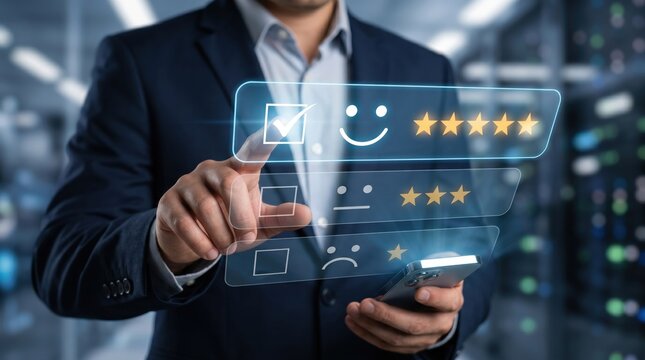 Businessman selecting five star rating on virtual interface, customer satisfaction survey and positive feedback concept