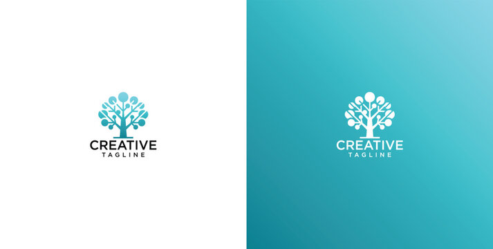 Abstract tree logo design template with network and people icons for creative business branding