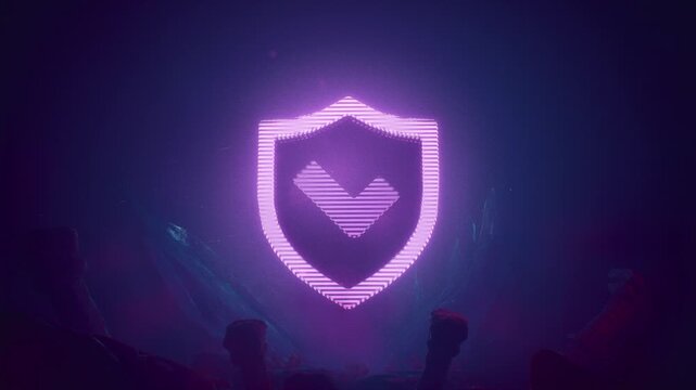 Minimalist Protection Shield With Checkmark Icon Glowing In Purple Neon Light Loop
