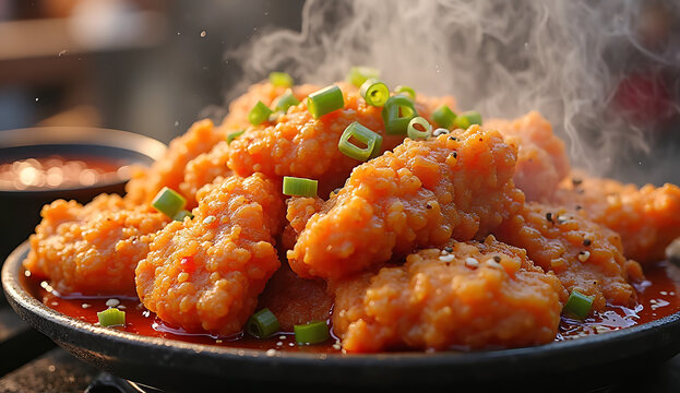 Golden fried shrimp piled high on black plate. Crispy battered seafood appetizer with steam rising for freshness.