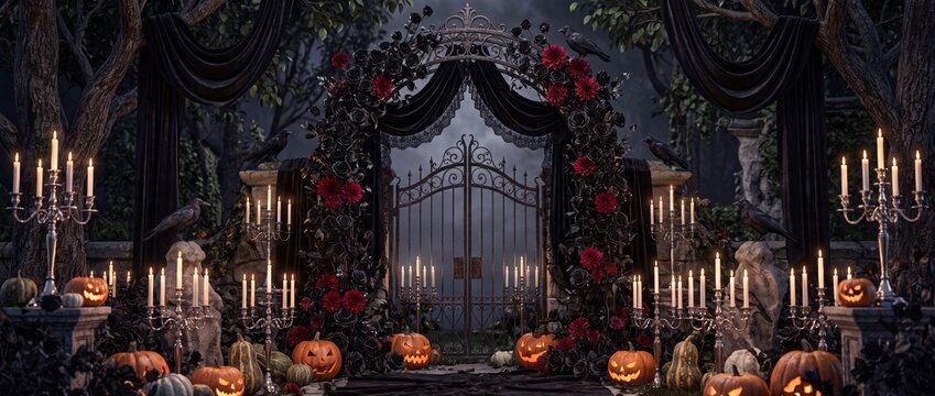 Gothic halloween gate with black roses, candelabras and jackolanterns