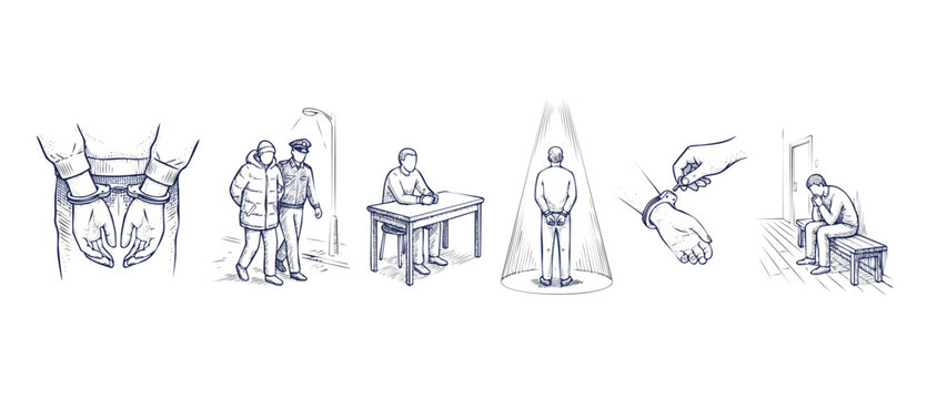 Hand drawn crime arrest illustration set depicting police capture, handcuffed suspect, interrogation, and prisoner in jail cell conveying legal justice, guilt, and law enforcement in vintage sketch