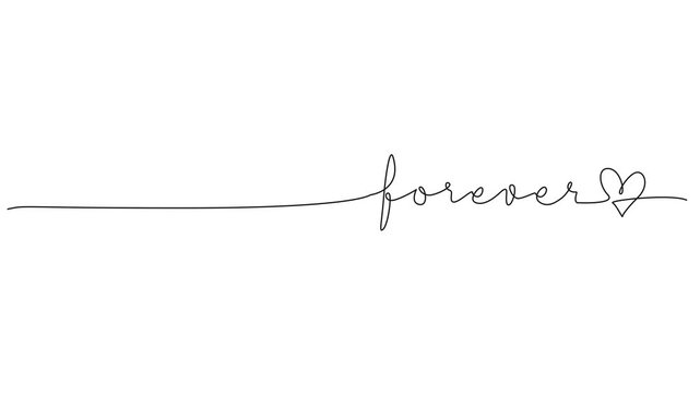 animated continuous line drawing of handwritten word forever and minimalist heart shape, line art animation