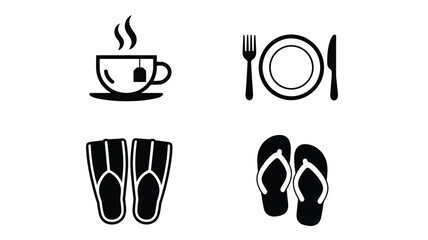 Hotel resort services glyph icon set with hot tea cup restaurant plate fork knife swimming flippers and beach flip flops © RIKTA