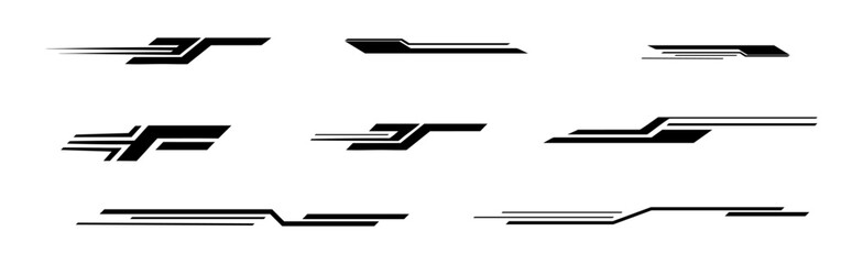 Set of black speed line vector icons with fast horizontal motion effects, dynamic action symbols, comic elements, superhero signs, sharp rays and flying particles. PNG © Виктория Проскурина