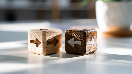 Fototapeta na wymiar Two wooden blocks with opposite arrow symbols facing each other on a bright white background with soft daylight exchange and change concept transfer swap direction simple