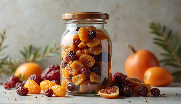 Dried apricots and nuts in glass jar with fresh fruits. Healthy snack mix in transparent container for wellness and nutrition.
