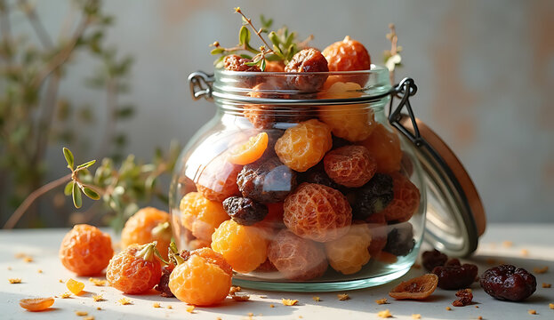 Fresh seasonal fruits in glass jar for healthy snacking. Organic harvest mix with apples, pears, and plums in rustic kitchen storage.