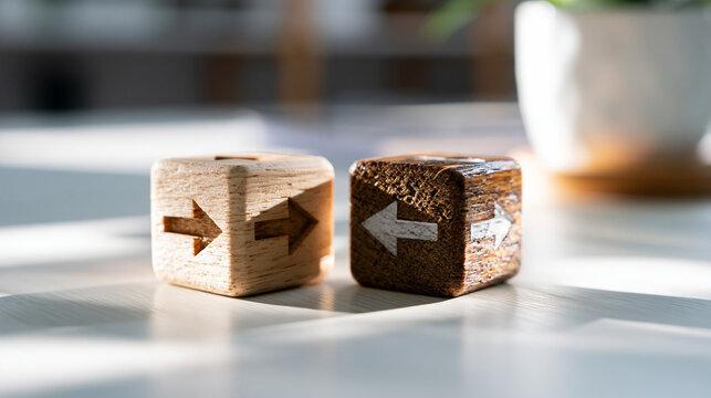 Two wooden blocks with opposite arrow symbols facing each other on a bright white background with soft daylight exchange and change concept transfer swap direction simple