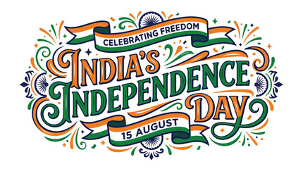 India's Independence Day typography with tricolor ribbons, celebrating freedom on 15 August, decorative Indian national holiday vector emblem © MuhammadMajid