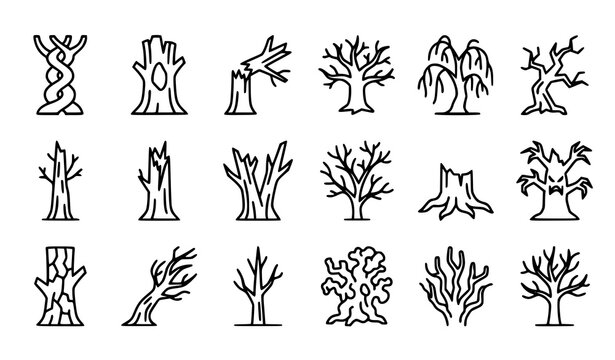 Dead Tree Stump and Bare Tree Outline Icon Collection Vector Set on White Background