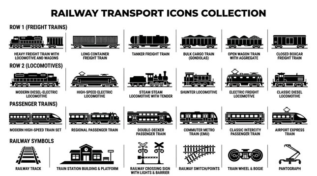 Railway transport icons collection set.