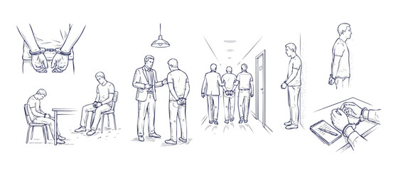 Obraz premium Handcuffed suspect arrest sketch set, criminal interrogation and police custody line art illustration. Legal justice system drawings featuring prisoner in handcuffs, jail detention concept. Crime arts