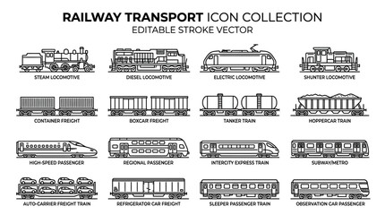 Railway transport icons in collection. © rez