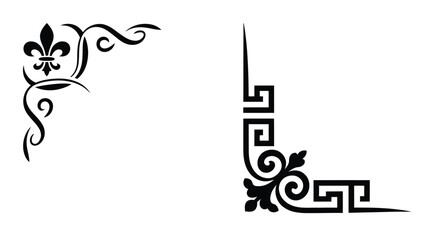 Vintage decorative corner border set featuring classic fleur de Lis flourishes and Greek key pattern vector ornaments isolated on white © RIKTA