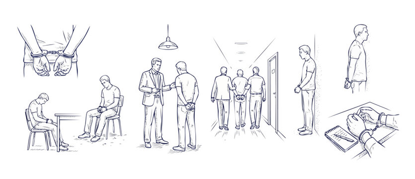 Handcuffed suspect arrest sketch set, criminal interrogation and police custody line art illustration. Legal justice system drawings featuring prisoner in handcuffs, jail detention concept. Crime arts