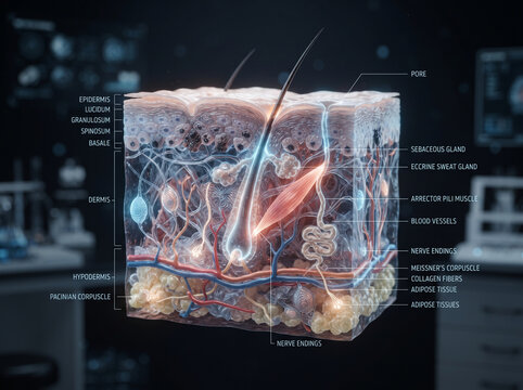 Detailed 3D Medical Illustration of Human Skin Anatomy and Layers