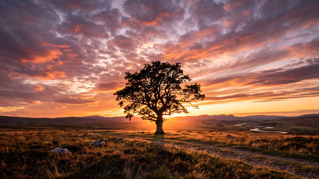 Solitary oak tree standing resiliently in a grassy field under a dramatic colorful sunset sky representing hope and peace