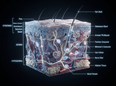 Anatomical diagram of human skin layers with epidermis dermis and hypodermis structure