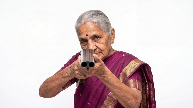 portrait of a indian grandma with a gun
