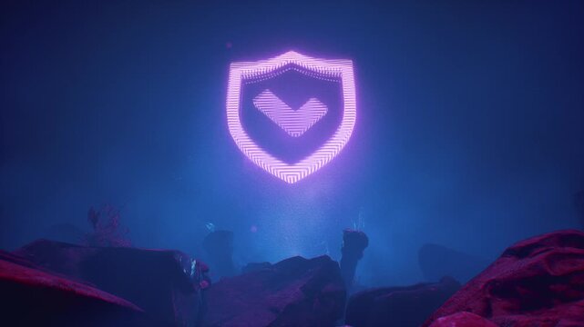 Purple Neon Security Shield Floating Over Dark Misty Rocky Landscape 3D Render