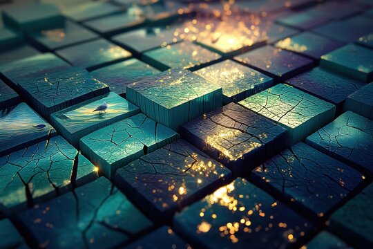 Cubic blocks with worn teal-violet-indigo finish, overlaid by white seagulls on shore, golden rippled sunlit glow, textured abstract for modern spaces.