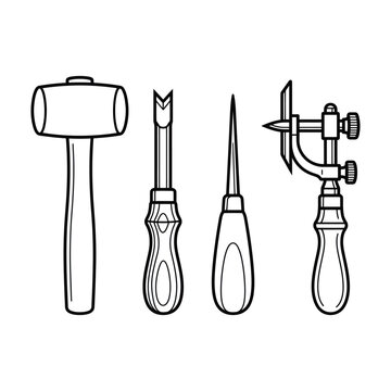 Leatherworking tools including hammer awl and groover in clean line vector illustration