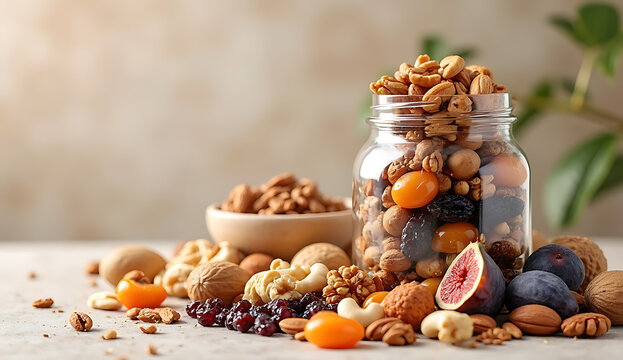 Healthy superfood trail mix in glass jar with nuts and dried fruit. Nutritious snack blend of almonds, figs, and seeds for energy and wellness.
