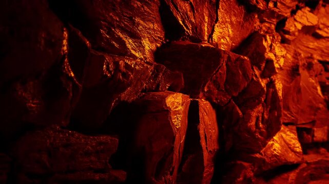 Fire Lights Up Cave Wall Moving Shot
