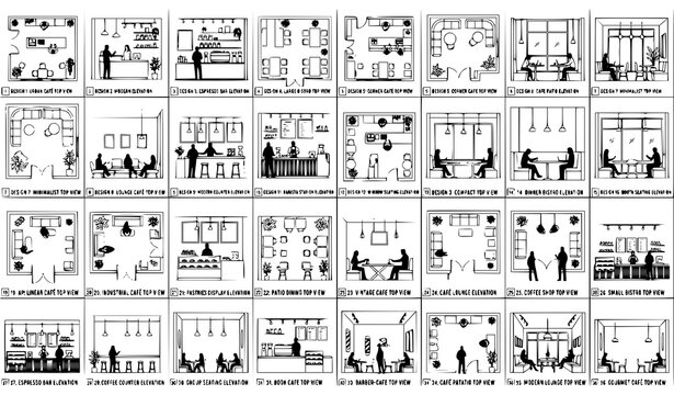Cafe Interior CAD Blueprint Vector Collection with Coffee Shop Layout Drawings