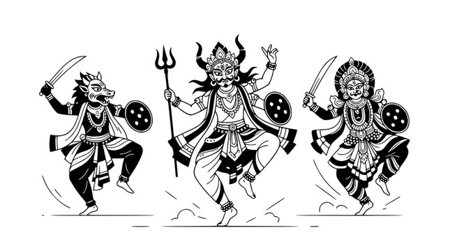 Mythological Characters Dancing: Varaha, Shiva, and Kali - Indian Folk Art Illustration