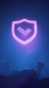 Minimalist Protection Shield With Checkmark Icon Glowing In Purple Neon Light Loop