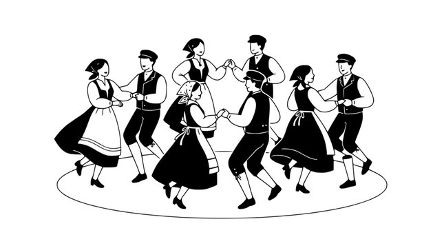 Folk dancers in traditional costume dancing in a circle, illustration