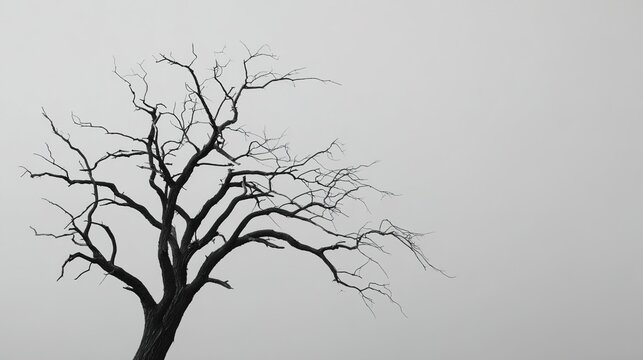 dead. Silhouette of barren winter tree with skeletal branches against a pale grey sky. travel magazines, destination branding, designed for travel destination branding, used by it administrators.