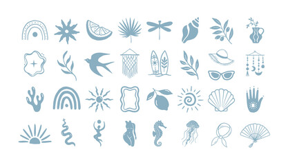 Fototapeta premium Blue coastal summer icon set with Mediterranean beach elements. Minimal nautical vector collection featuring seashells, lemon, olive branch, palm leaf, rainbow, dragonfly, swallow and ocean-inspired s