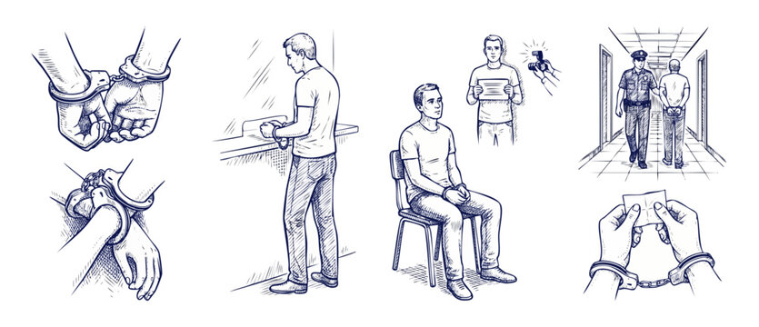 Arrested suspect in handcuffs sketch set showing police booking process, mugshot photo, and jail escort. Hand drawn ink illustration of criminal justice, law enforcement, and crime concepts on white.