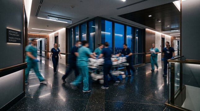 Emergency Medical Team Transporting Patient Through Hospital Corridor