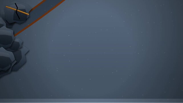 2D vector animation of a rockslide blocking a path in a snowy mountain landscape at night followed by a yellow excavator machine clearing the rocks away