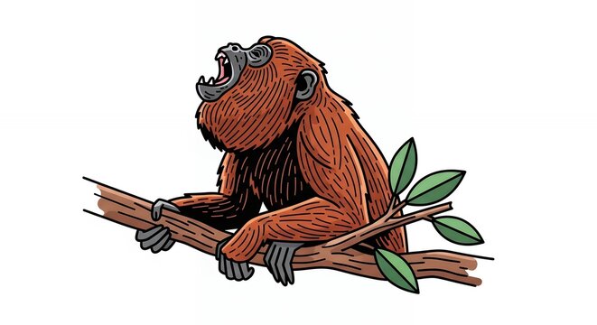 Powerful Howler Monkey Roaring on a Tree Branch Wildlife Illustration for Mascot Logo and Sticker Design