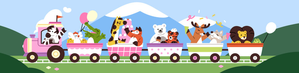 Obraz premium Cute kids train with baby animals riding in wagons together. Happy child characters say Hello with waving hands. Zebra, lion and bear celebrate holiday and greeting. Flat vector illustration