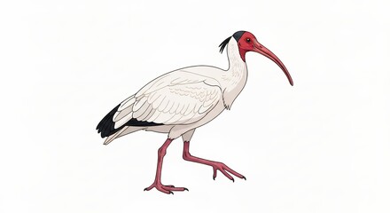 Obraz premium Detailed Japanese Crested Ibis Bird Illustration with White Plumage and Red Face Isolated on White Background