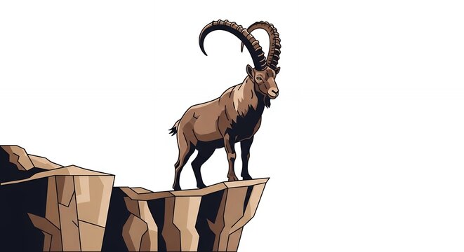 Alpine Ibex Standing on Rocky Cliff Edge Illustration Wild Mountain Goat with Large Curved Horns Graphic