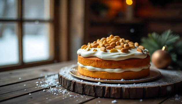 Homemade carrot cake with creamy frosting on wooden slice. Rustic dessert with walnuts and powdered sugar for bakery or caf&eacute; display.