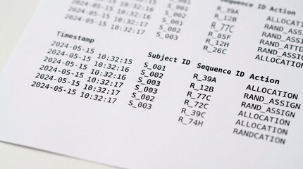 Fototapeta premium Clinical Trial Timestamped Randomization Audit Trail Printout with Entries in a Neat Column - Macro Close-Up - Regulatory & Consent Documentation Stock Photo