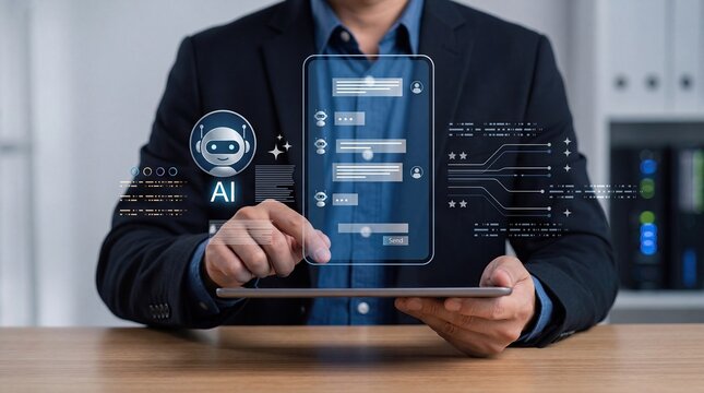 Man using AI chatbot interface on tablet with virtual assistant robot icon and messaging system, demonstrating customer service automation technology.