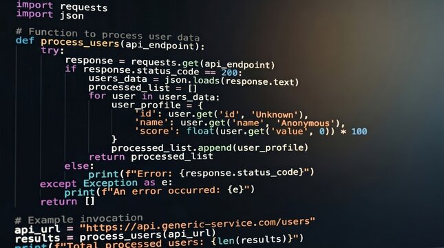 Python programming code script on dark screen processing user data via api endpoint, software development and coding concept with json requests library for backend web applicati...